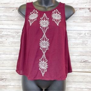 LA Hearts Maroon & White Embroidered Tank Top w/ Open Tie Back